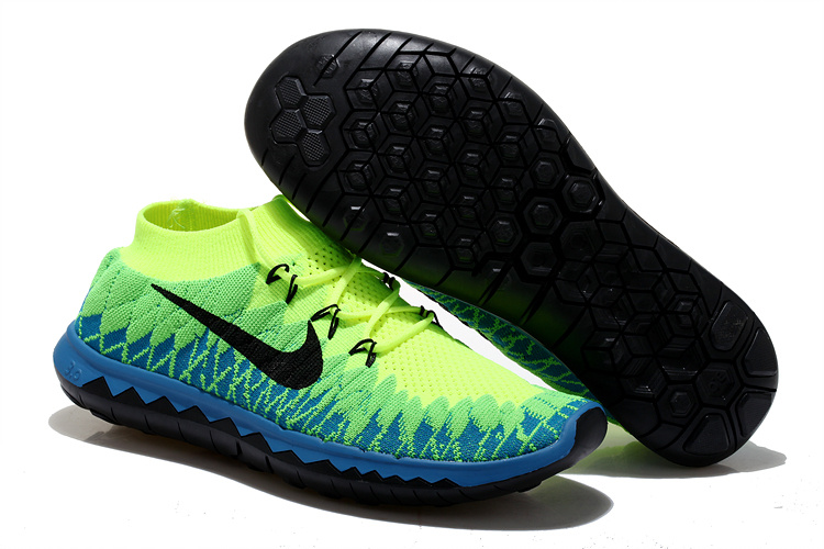 Nike Free 5.0 Flyknit Fluorescent Green Blue Black Running Shoes - Click Image to Close